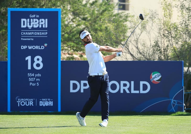 Antoine Rozner of France tees off on the 18th hole at Jumeirah Golf Estates. Getty