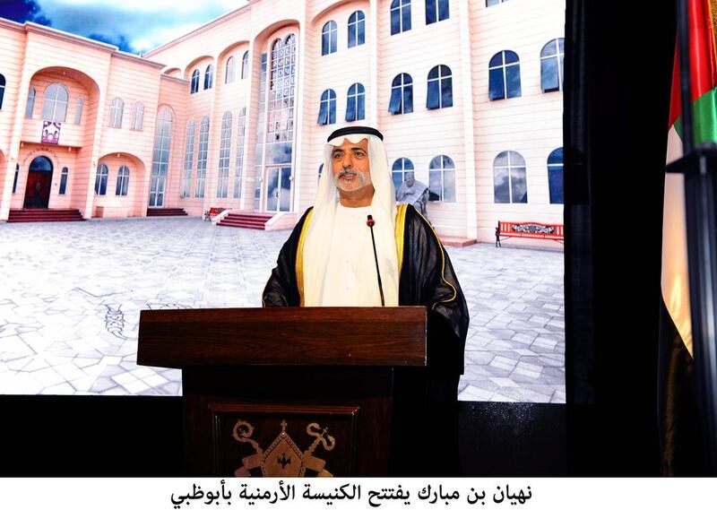 Sheikh Nahyan bin Mubarak, Minister of Culture and Knowledge Development, addresses the congregation at the inauguration of the Armenian church in Abu Dhabi. Wam