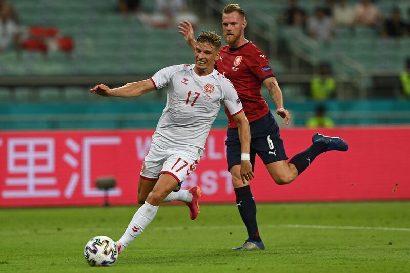 Perfect corner straight off the training ground to assist first goal. Let the Czech full-backs push up as Denmark comfortable in their 3-4-3 shape. AFP