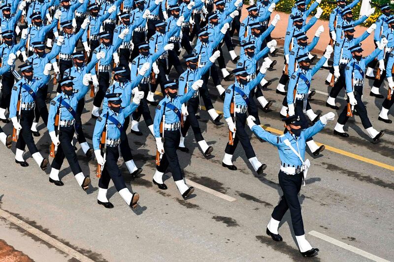 Soldiers march along Rajpath during the Republic Day parade in New Delhi. AFP