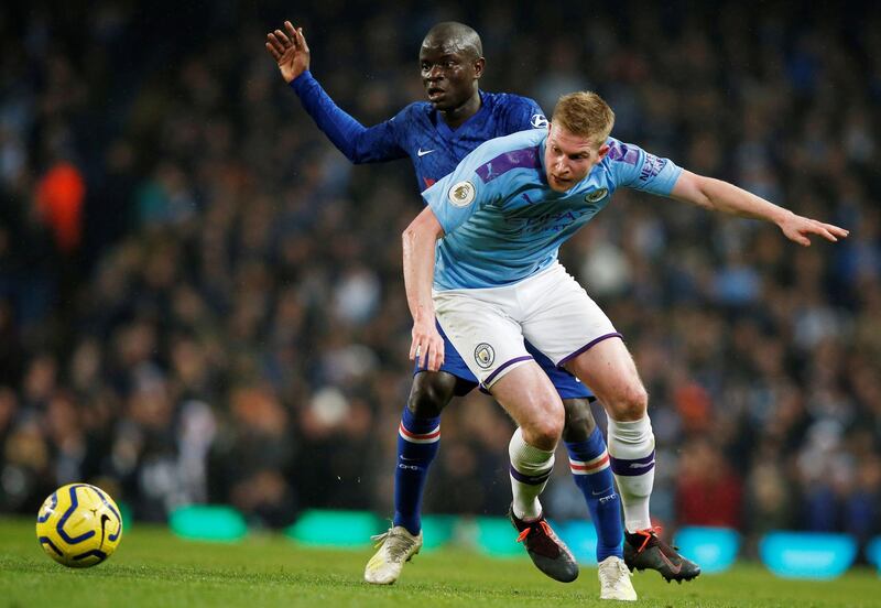 Chelsea's N'Golo Kante in action with Manchester City's Kevin De Bruyne. Reuters
