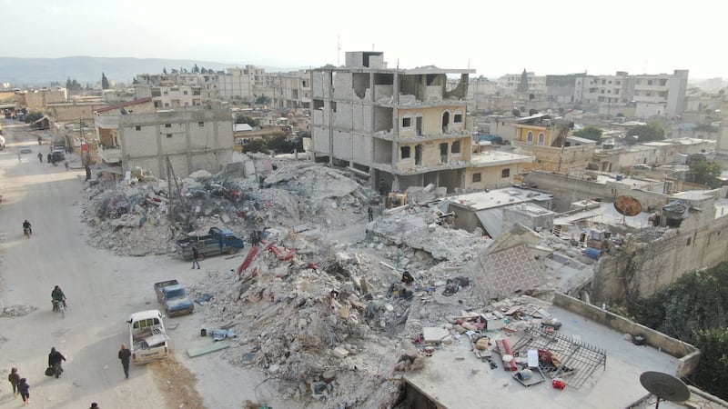 Collapsed buildings in Jandaris, Syria. Reuters