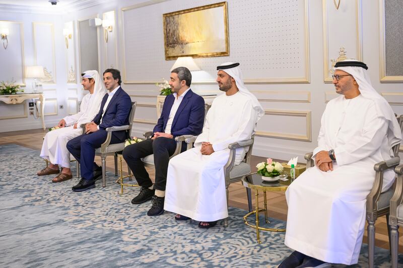 From right, Dr Anwar Gargash, Diplomatic Adviser to the President, Sheikh Mohamed bin Hamad, Sheikh Abdullah, Sheikh Mansour and Sheikh Hazza at the presidential palace. Hamad Al Kaabi / UAE Presidential Court


