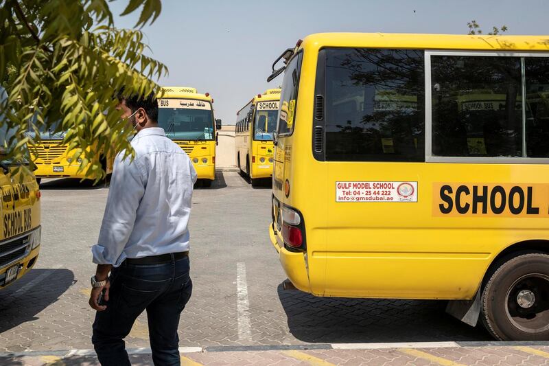 DUBAI, UNITED ARAB EMIRATES. 08 SEPTEMBER 2020.  Affordable schools in Dubai. The Gulf Model School where fees range from Dh350-Dh650 per month located in Al Muhaisinah 4. Social distancing has also been implemented on the school transport busses. (Photo: Antonie Robertson/The National) Journalist: Anam Rizvi. Section: National.