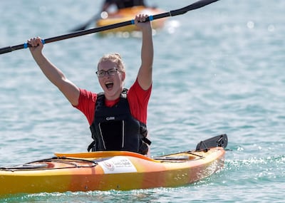 Abu Dhabi, March 18, 2019.  Special Olympics World Games Abu Dhabi 2019. Kayaking at the Marina Yacht club area. -- Irina Egorova takes the win in the first round of Women's Kayaking.
Victor Besa/The National