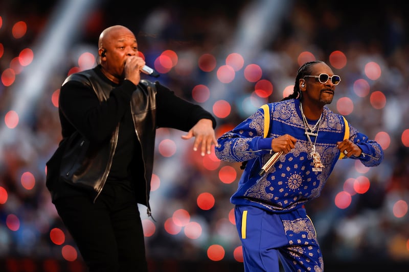 Dr Dre and Snoop Dogg during the half-time show. EPA