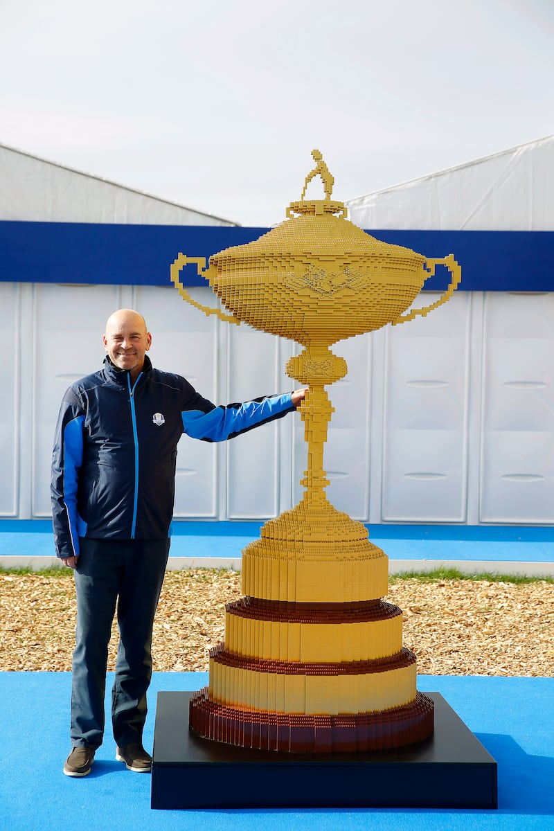Thomas Bjorn poses with the largest replica Ryder Cup trophy made entirely from Lego  bricks, crafted by the Lego Group to honour the first Danish European Team captain before the 42nd Ryder Cup in Paris.  Getty Images