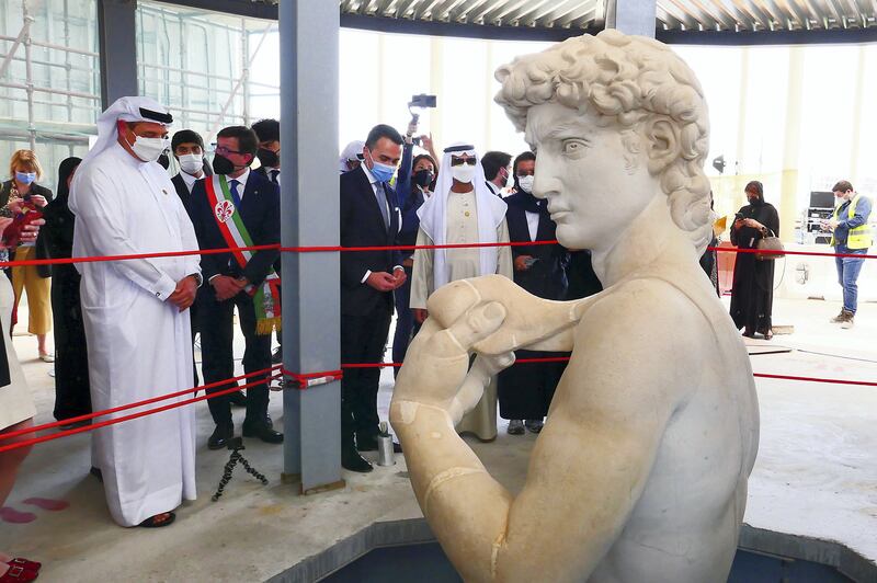 David statue unveiled at the Italy pavilion at EXPO 2020 site in Dubai on April 27,2021. Sheikh Nahyan bin Mubarak Al Nahyan the UAE’s minister of tolerance, Reem Al Hashimy, UAE Minister of State for International Cooperation and other guests were also present during the unveiling ceremony. (Pawan Singh/The National) Story by Ramola