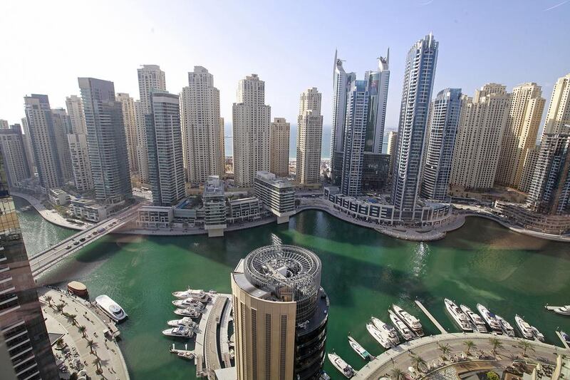 Dubai Marina apartments: Q1 2015 down 2%. Q1 2014-Q1 2015 up 3%. Studio: Dh65-85,000. 1BR: Dh85-135,000. 2BR: Dh125-185,000. 3BR: Dh145-275,000. Sarah Dea / The National