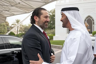 Sheikh Mohamed bin Zayed, Crown Prince of Abu Dhabi and Deputy Supreme Commander of the Armed Forces, welcomes Saad Hariri, Prime Minister of Lebanon. Mohamed Al Hammadi / Ministry of Presidential Affairs