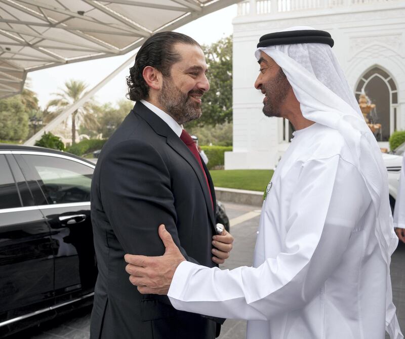 ABU DHABI, UNITED ARAB EMIRATES - October 07, 2019: HH Sheikh Mohamed bin Zayed Al Nahyan, Crown Prince of Abu Dhabi and Deputy Supreme Commander of the UAE Armed Forces (R), receives HE Saad Hariri, Prime Minister of Lebanon (L), during a Sea Palace barza. 

( Mohamed Al Hammadi / Ministry of Presidential Affairs )
---
