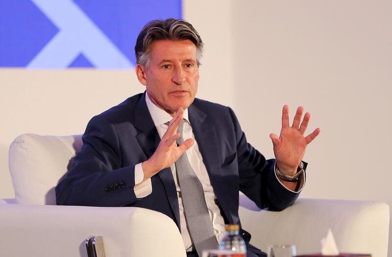 ABU DHABI , UNITED ARAB EMIRATES , January 31 – 2019 :- Sebastian Coe, President , IAAF speaking during the Sports Business Summit conference held at Bab Al Qasr hotel in Abu Dhabi. ( Pawan Singh / The National ) For News. Story by Rupert Hawksley