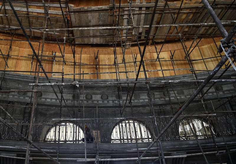 Scaffolding criss-crosses the interior of the palace on August 1, 2019 as workmen rush to complete the renovation in time. AFP