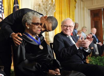 Then US president Barack Obama embracing Maya Angelou, the late poet and civil rights activist, after presenting her with the Medal of Freedom at the White House in Washington in 2010. Tim Sloan / AFP