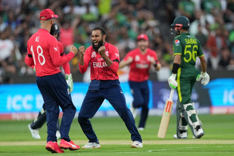 Adil Rashid of England celebrates after taking the wicket of Mohammad Haris of Pakistan. Getty