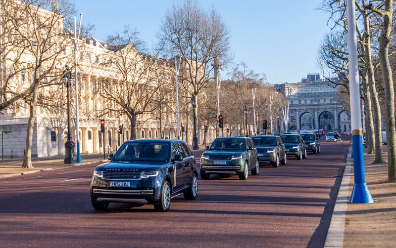 Stratstone Land Rover Mayfair launch their new luxury boutique showroom with a Range Rover parade down The Mall in London in 2023
