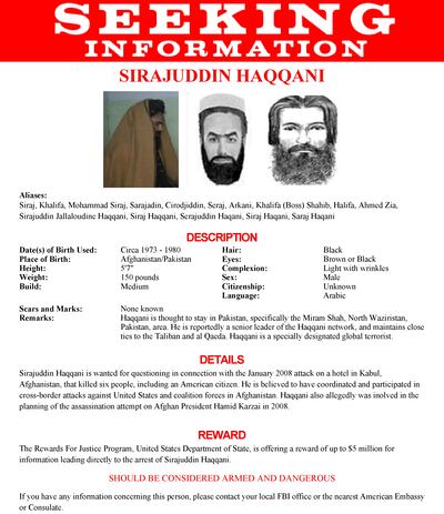 FILE PHOTO: The wanted poster issued by the U. S.  Federal Bureau of Investigation for Sirajuddin Haqqani is seen in an undated handout photo.    