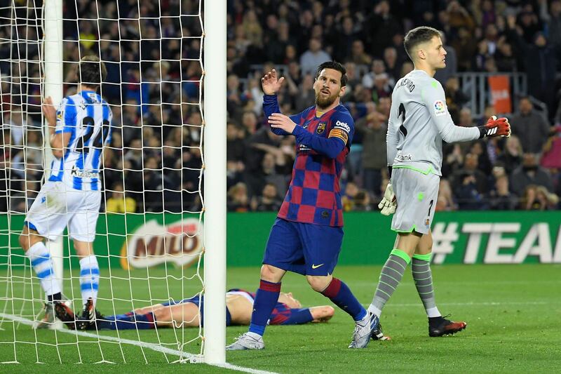 Lionel Messi reacts after missing an opportunity against Real Sociedad. AFP