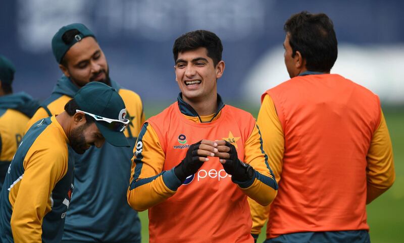 Naseem Shah of Pakistan reacts during a training session. AP