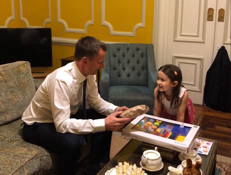 Jeremy Hunt meets the four-year-old daughter of Nazanin Zaghari-Ratcliffe. Free Nazanin campaign