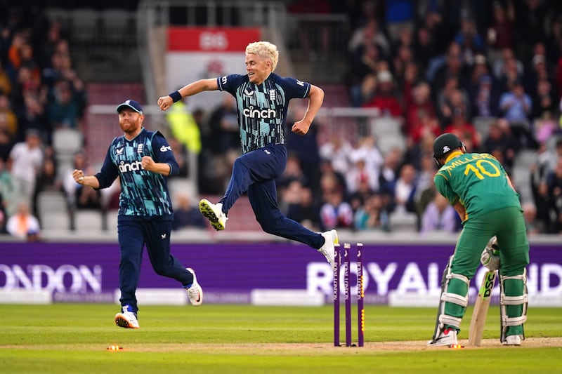 Sam Curran celebrates taking the wicket of South Africa's David Miller at Emirates Old Trafford. PA