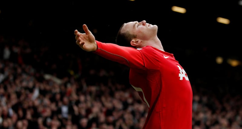 Wayne Rooney celebrates scoring the second goal for Manchester United in the Premier League match against Manchester City on February 12, 2011. Action Images