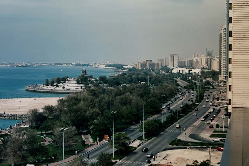 Abu Dhabi Corniche taken between 1990 and 1993. The Volcano Fountain can be seen on left. This landmark was demolished in 2004 as part of the Corniche upgrade project. Photo: Michael Oakes