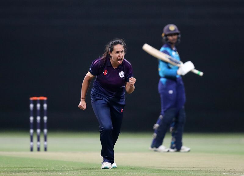 Scotland's Priyanaz Chatterji takes the wicket of Sri Lanka's Vishmi Gunaratne, caught by Sarah Bryce. 
