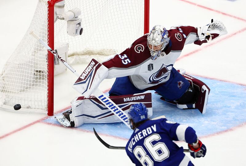 Colorado Avalanche goaltender Darcy Kuemper (35) makes a save against Tampa Bay Lightning right wing Nikita Kucherov (86). Reuters