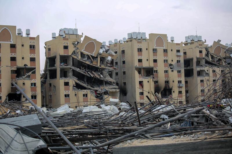 A view of damage to homes in Khan Younis after Israeli forces withdrew from the Hamad Town area. Getty Images
