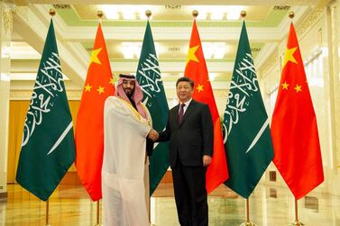 Saudi Crown Prince Mohammad bin Salman shakes hands with China president Xi Jinping in Beijing. Courtesy Saudi Press Agency