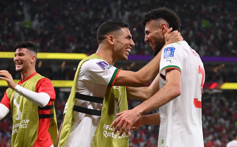 Belgium 0-2 Morocco: Achraf Hakimi, left, and Noussair Mazraoui celebrate after Morocco's second goal during their World Cup Group F match at Al Thumama Stadium on November 27, 2022. This is the match that kick-started Morocco's incredible run in Qatar. Getty