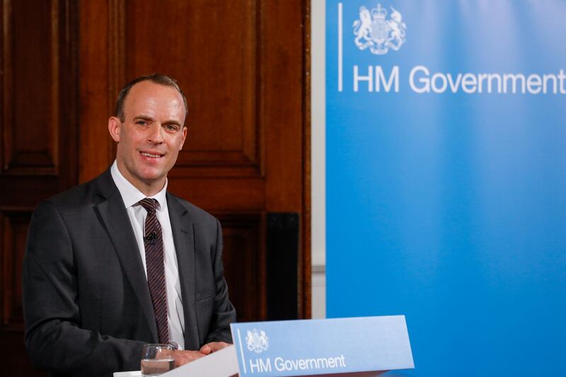 Dominic Raab, U.K. exiting the European Union secretary, takes part in a question and answer session after delivering a speech in London, U.K., on Thursday, Aug. 23, 2018. The U.K. will signal that it wants life to continue as normal in the event of a "No Deal" Brexit, in the face of warnings that aircraft might be grounded and hospitals run short of medicine. Photographer: Luke MacGregor/Bloomberg