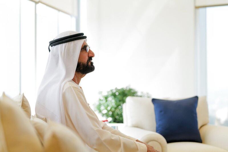Sheikh Mohammed bin Rashid, Vice President and Ruler of Dubai, congratulates Sheikh Sultan bin Khalifa, Adviser to the UAE President, and Sheikh Tahnoun bin Zayed, National Security Adviser, on the marriage of their son and daughter, respectively. He attended the wedding ceremony through video conferencing. Courtesy: Sheikh Mohammed bin Rashid Twitter