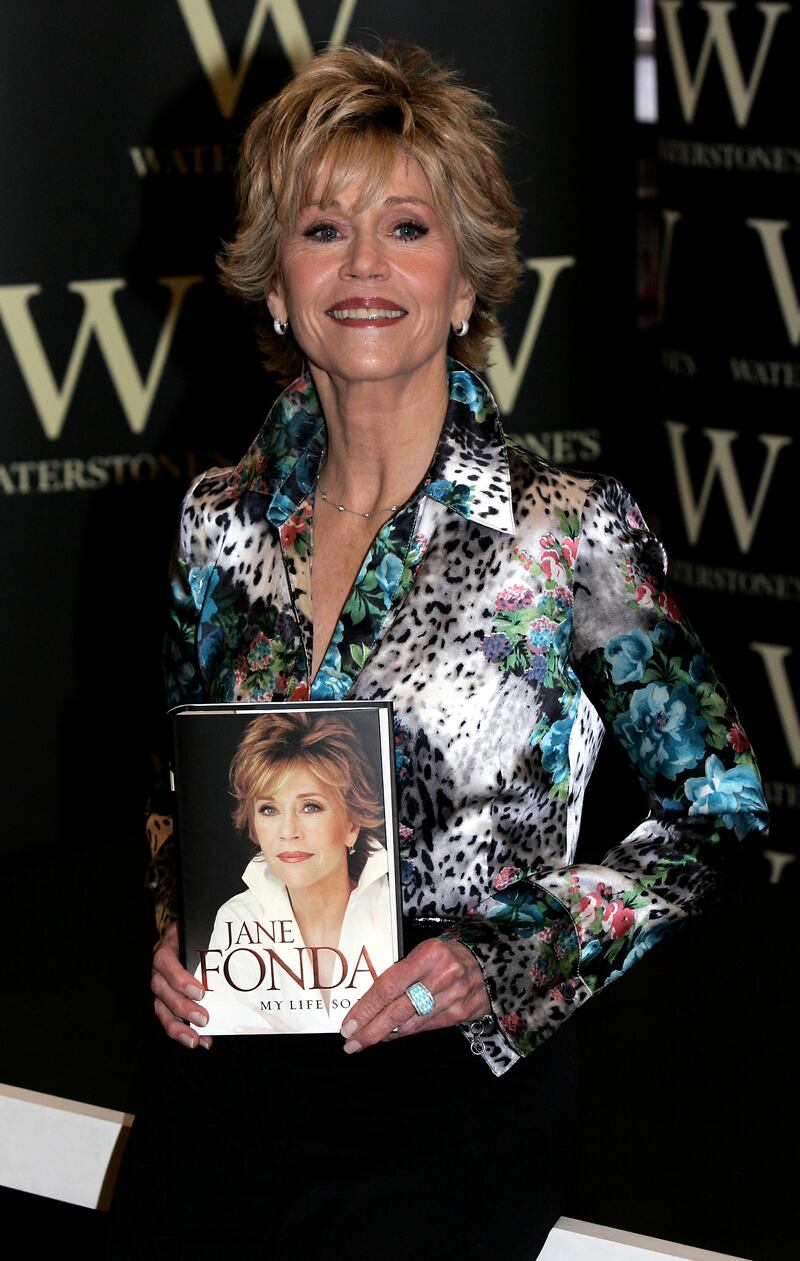Jane Fonda, in a floral and animal-print shirt, promotes her autobiography 'My Life So Far' at Waterstone's Piccadilly, London, on June 2, 2005