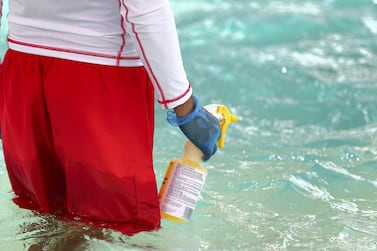 A lifeguard cleans the slides and pools at Wild Wadi in Dubai which has now reopened wtih Covid-19 safety measures. Chris Whiteoak / The National