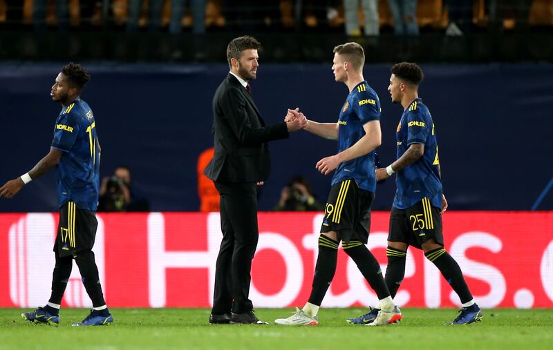 Manchester United interim manager Michael Carrick greets Scott McTominay after the UEFA Champions League Group F match at the Estadio de la Ceramica in Villarreal, Spain. PA