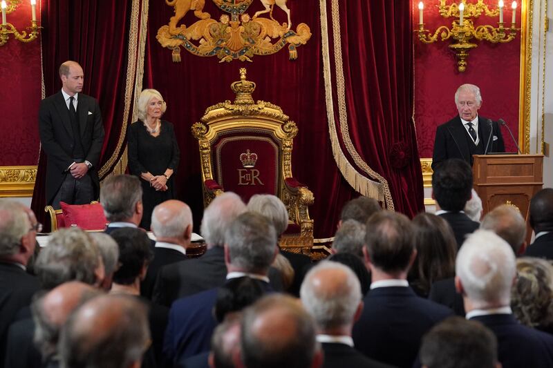 From left, William, the Prince of Wales, Queen Consort Camilla and King Charles III during the Accession Council meeting at St James's Palace. PA