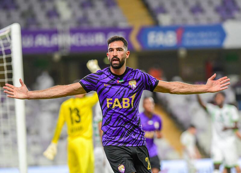 Al Ain’s Tunisian defender Yasin Meriah celebrates after finding the net against Emirates in the Adnoc Pro League. Courtesy PLC