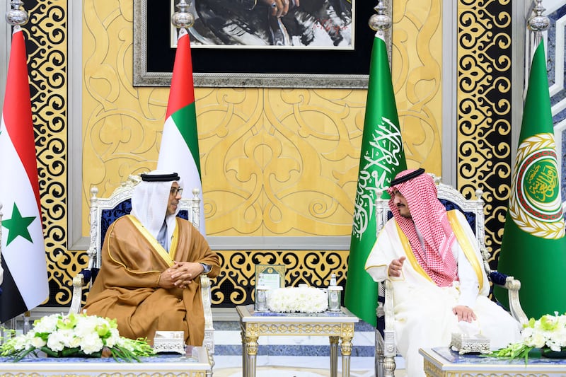 Sheikh Mansour bin Zayed, Vice President, Deputy Prime Minister and Minister of the Presidential Court, with Prince Badr bin Sultan, deputy governor of Makkah, after arriving in Jeddah for the 32nd Arab League summit. Reuters