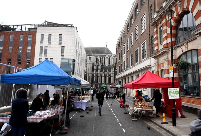 LONDON,ENGLAND  - MARCH 29: A general view of Marylebone Farmers Market on March 29, 2020 in London, England. The coronavirus (COVID-19) pandemic has spread to at least 182 countries, claiming over 30,000 lives and infecting hundreds of thousands more. (Photo by Alex Davidson/Getty Images)