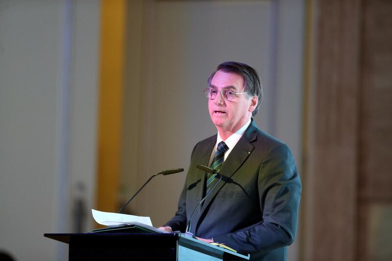 Brazilian President Jair Bolsonaro speaks at the UAE-Brazil Business Forum in Abu Dhabi, United Arab Emirates, October 27, 2019. REUTERS/Satish Kumar