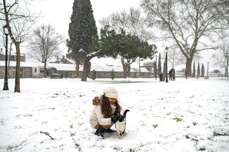 A child plays with a cat in a snowy park near of the Suleymaniye mosque in Istanbul. AFP