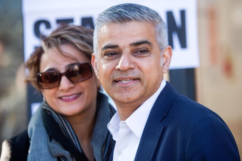 Sadiq Khan, pictured with his wife Saadiya after the couple posted their ballots in the London mayoral election on Thursday. The couple have two children. Simon Dawson / Bloomberg