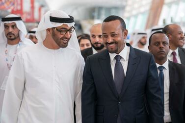Sheikh Mohamed bin Zayed, Crown Prince and Deputy Supreme Commander of the Armed Forces with Abiy Ahmed, the Ethiopian prime minister, in Abu Dhabi this year. Emirati diplomats have gradually developed closer relations with Ethiopia. Ryan Carter / Ministry of Presidential Affairs