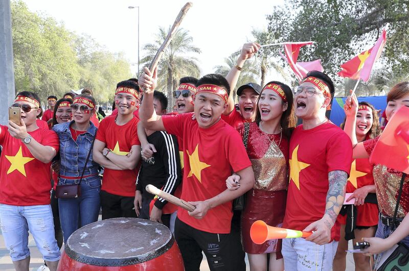ABU DHABI , UNITED ARAB EMIRATES , January 8 – 2019 :- Vietnam fans before the start of AFC Asian Cup UAE 2019 football match between IRAQ vs. VIETNAM held at Zayed Sports City in Abu Dhabi. ( Pawan Singh / The National ) For News/Sports
