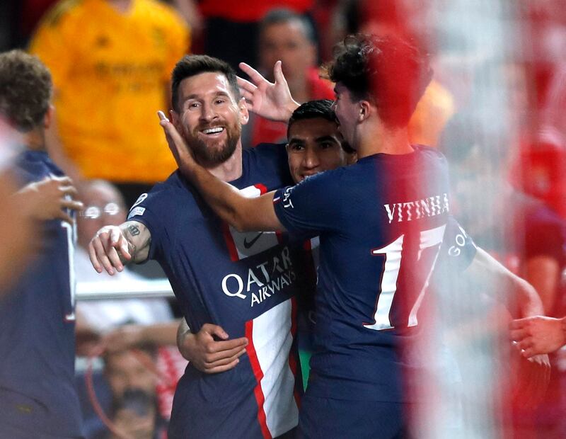 Lionel Messi celebrates scoring the PSG goal, Reuters