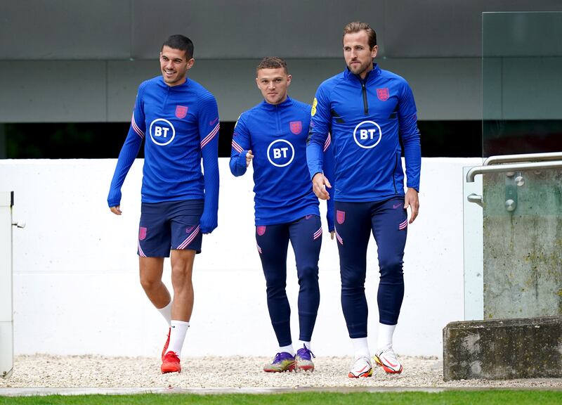 Left to right: Conor Coady, Kieran Trippier and Harry Kane. PA