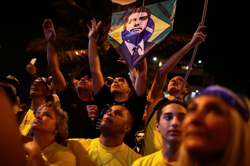 Supporters of Jair Bolsonaro react in Rio de Janeiro, Brazil October 28, 2018. REUTERS