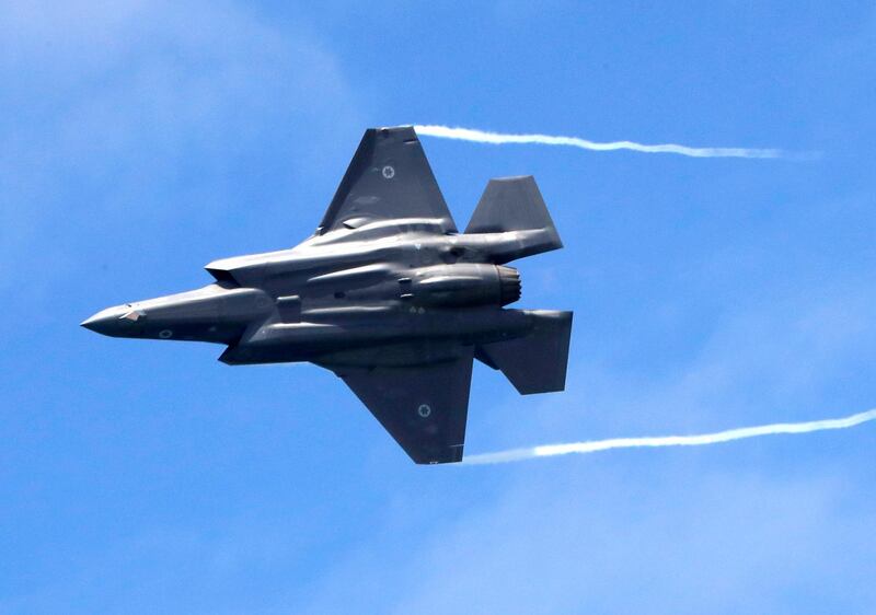 Israeli F-35 fighter jets perform during an air show, over the beach in the Mediterranean coastal city of Tel Aviv, on May 9, 2019 as Israel marks Independence Day, 71 years after the modern Jewish state was established. Israel's first Prime Minister David Ben-Gurion declared the existence of the State of Israel in Tel Aviv in 1948, ending the British mandate. 